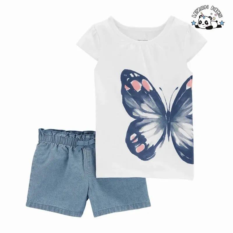 LEZONKIDS - Customizable Wholesale OEM Soft Butterfly  Printed T Shirt Denim Short Pants Girls Summer Daily Set